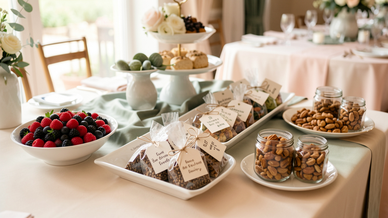Table élégante de cadeaux de mariage proposant des alternatives variées comme des fruits rouges, des douceurs sans sucre, des sachets de graines et des noix, disposées séparément.