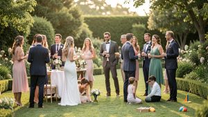 Des invités élégamment vêtus profitent d’un moment convivial dans un jardin fleuri entre la cérémonie et la réception.