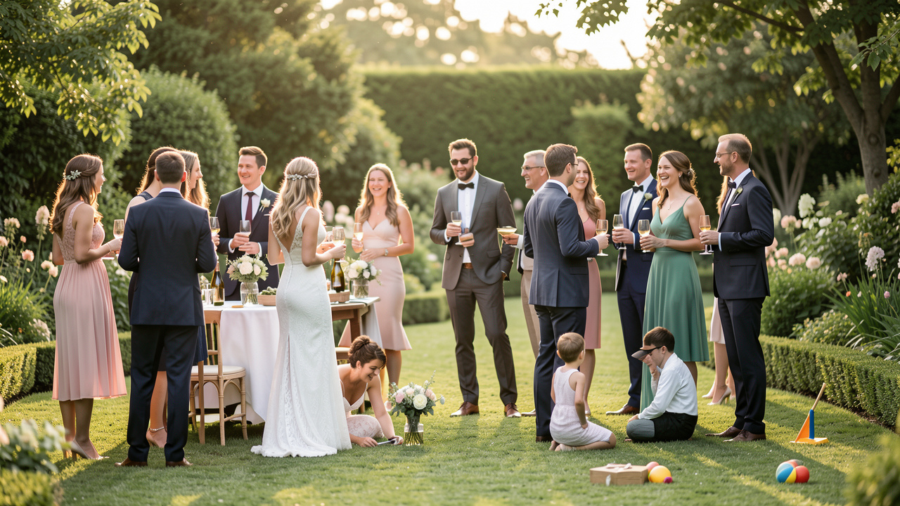 Des invités élégamment vêtus profitent d’un moment convivial dans un jardin fleuri entre la cérémonie et la réception.