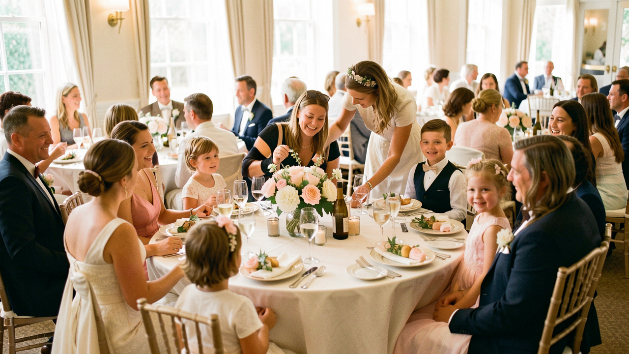 Réception de mariage chaleureuse où des enfants et des adultes sont installés ensemble autour de tables élégantes, dans une ambiance inclusive et conviviale.