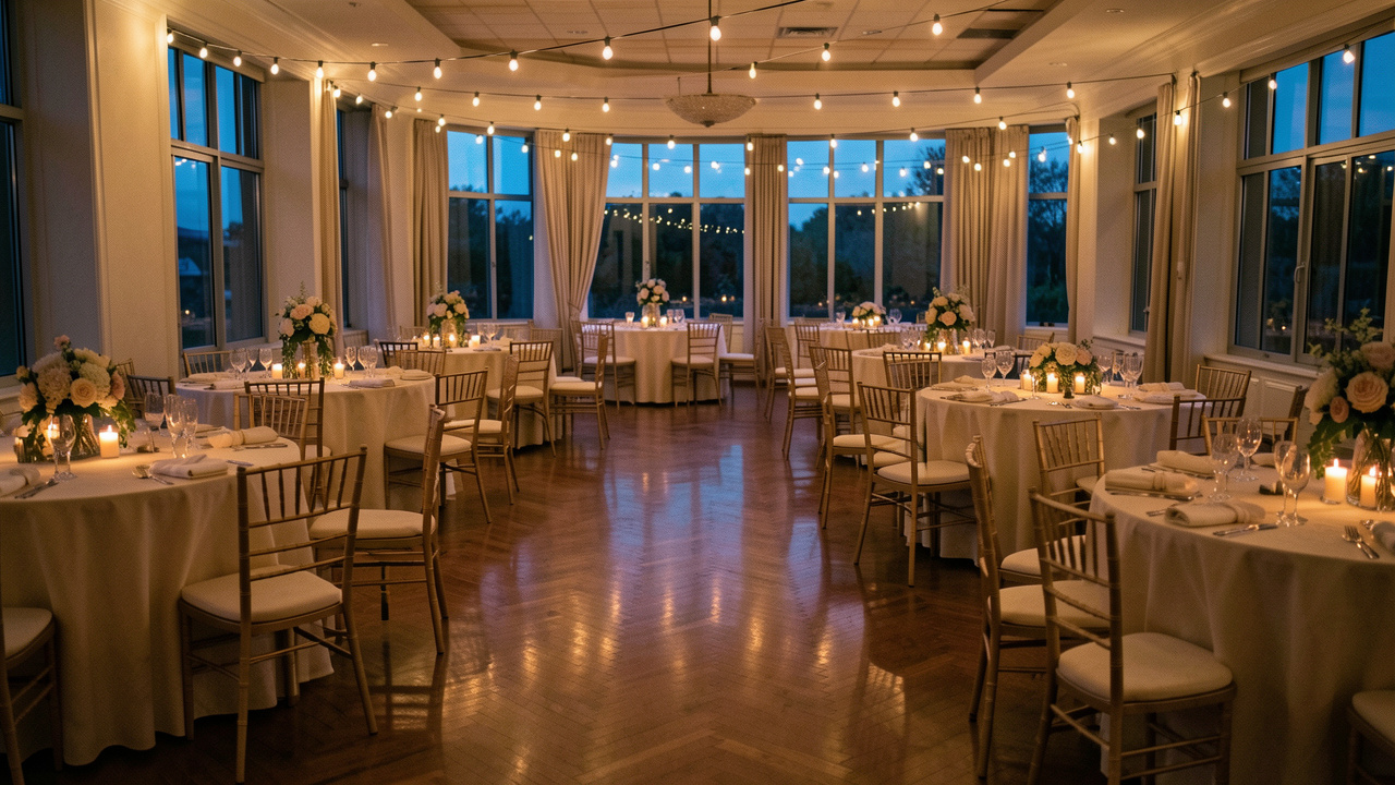 Salle de réception de mariage élégante en cours de rangement après la fête, avec tables décorées, fleurs et chaises empilées dans une lumière douce de fin de soirée.