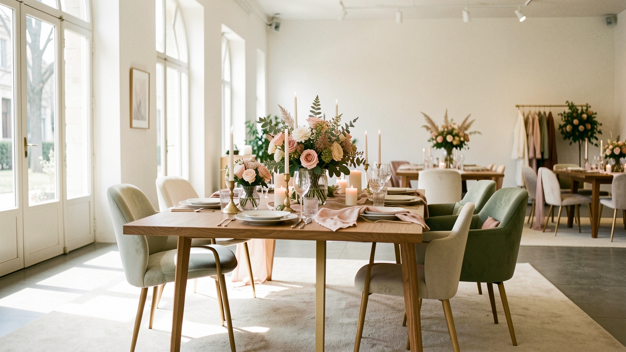Décoration élégante d’une réception de mariage à Lyon, avec table dressée, fleurs de saison, bougies et mobilier contemporain baignés de lumière naturelle.